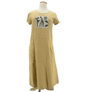 Vintage Positive Influence Linen Giraffe Yellow Midi Dress Womens 16